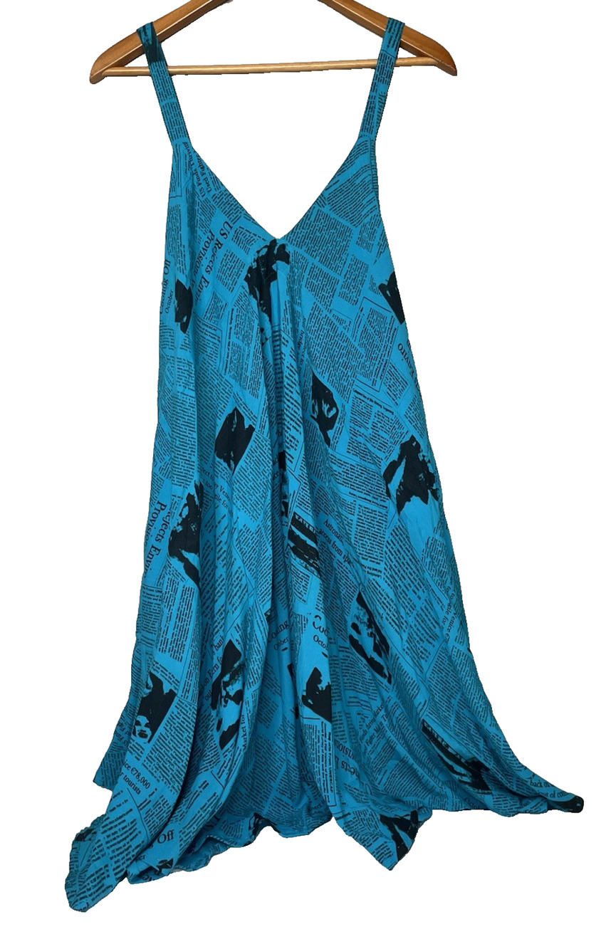 BELMA Women’s Rayon Maxi Dress Blue Newspaper Print Boho Sleeveless India OS